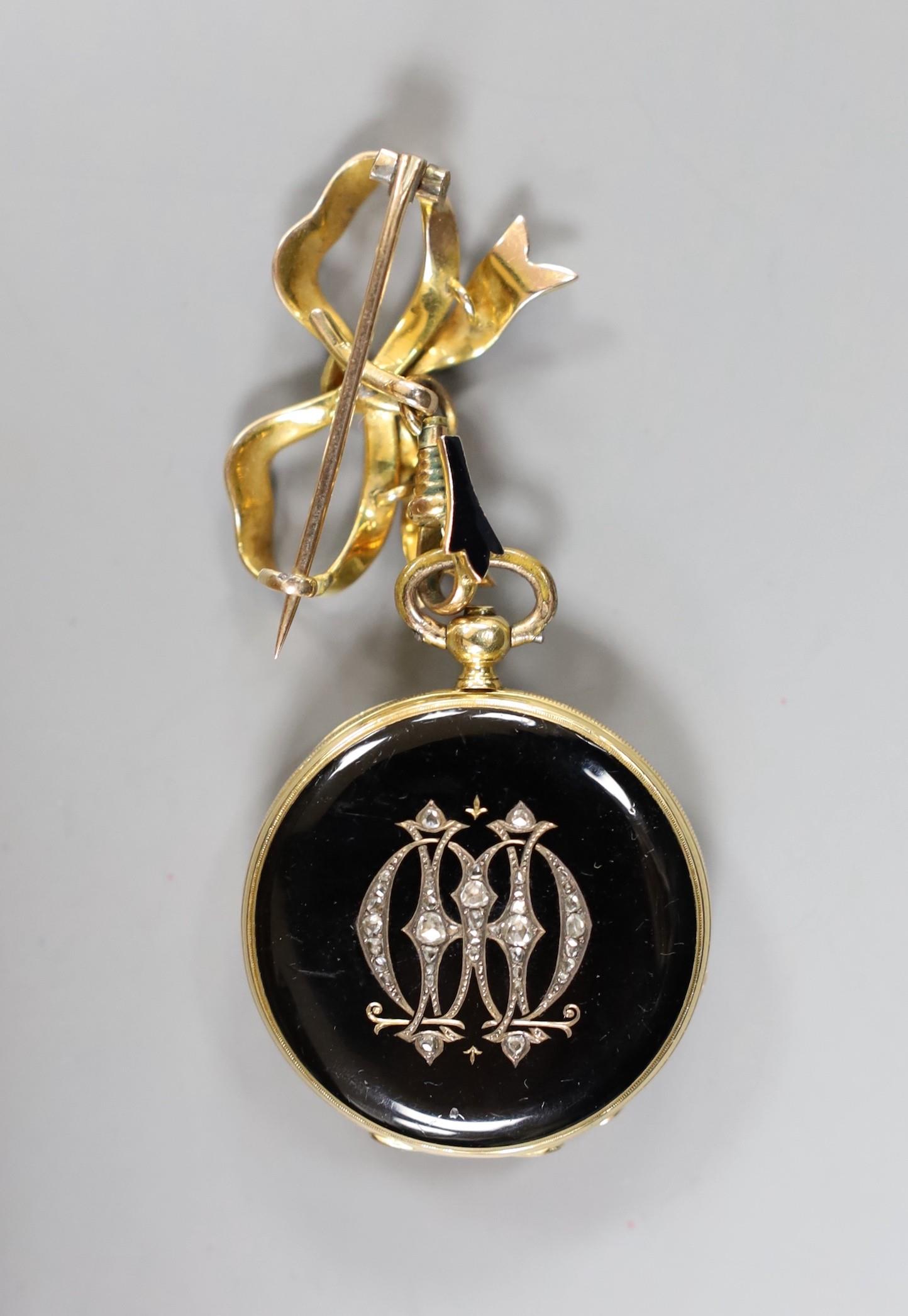 A 19th century Swiss yellow metal, black enamelled and rose cut diamond set fob watch with 9ct and - Image 4 of 4