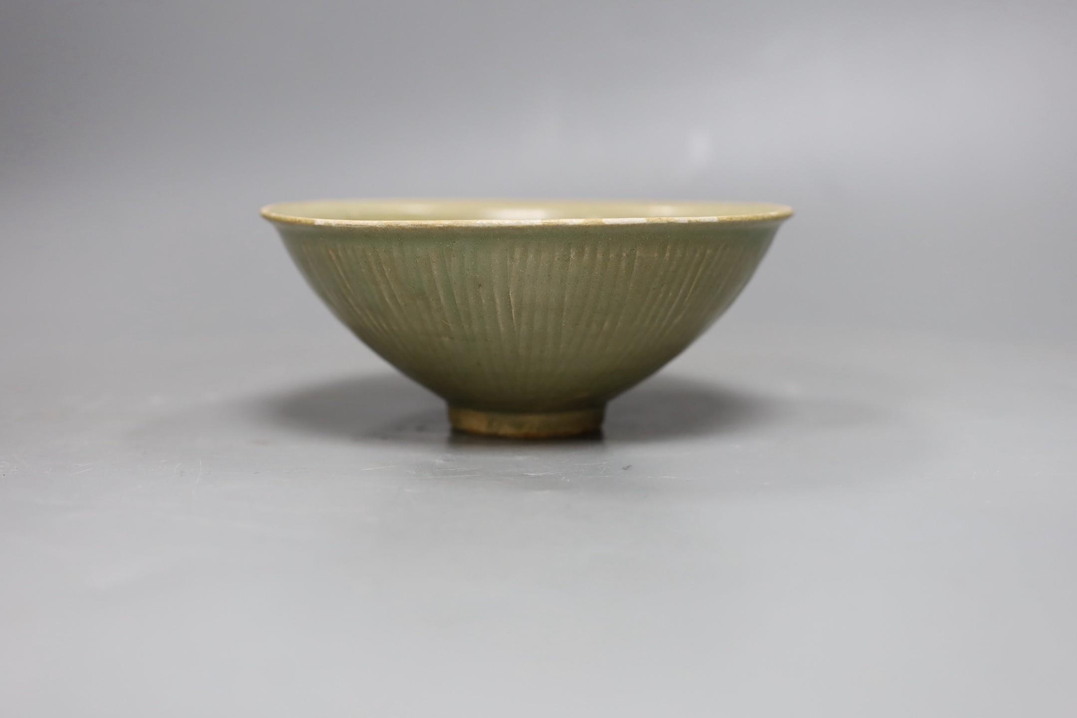 A Chinese carved Yaozhou celadon bowl, Northern Song Dynasty, 15.5cms high - Image 2 of 4
