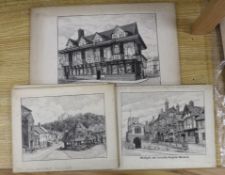 William E. Barnard, eight pen and ink drawings, Views of English towns - Clovelly, Evesham, Ipswich,