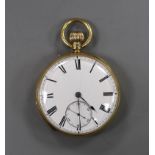 A George V engraved 18ct gold open faced keyless pocket watch, by Tho. Porthouse, London, with Roman