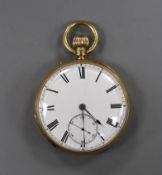 A George V engraved 18ct gold open faced keyless pocket watch, by Tho. Porthouse, London, with Roman