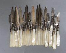 Eleven pairs of late Victorian mother of pearl handled silver dessert eaters, Mappin & Webb,