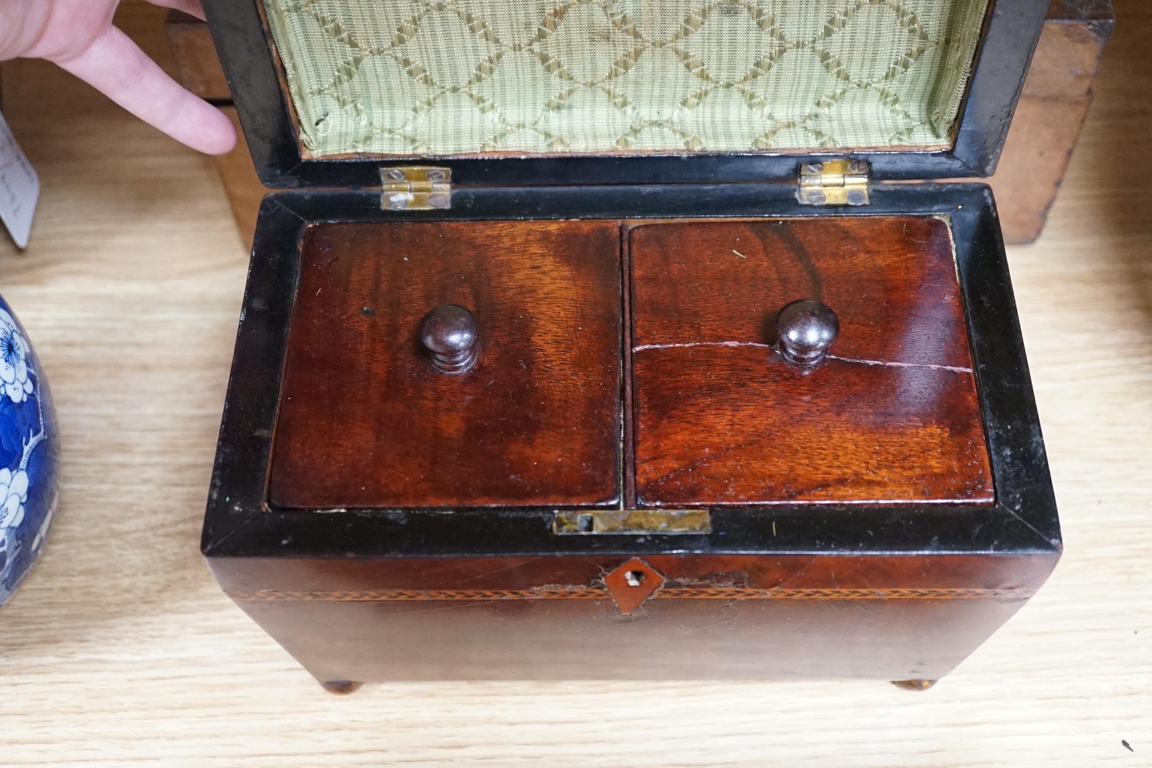 A 19th century mahogany tea caddy, writing slope, leather box and mantel clock, largest 30cm wide - Image 4 of 4