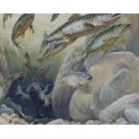 Raymond Sheppard (1913-1958), watercolour, Otters and fish, signed with label verso, 45 x 55cm