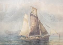 Attributed to William Roxby Beverley (1811-1889), watercolour, Fishing boat and hulk off the