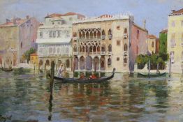 C. Poujal, oil on board, Gondola on a Venetian canal, signed, 24 x 35cm, unframed