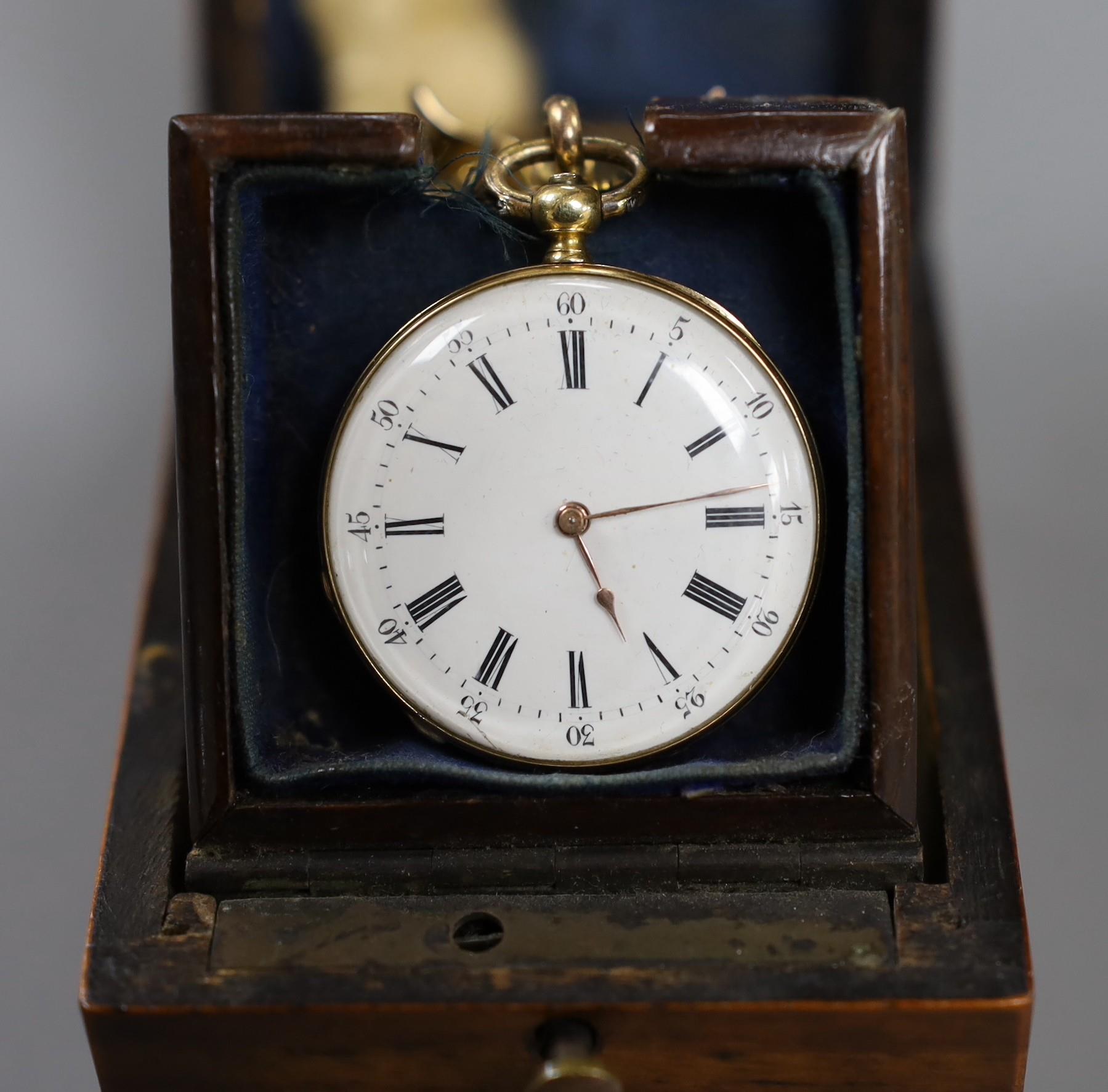 A 19th century Swiss yellow metal, black enamelled and rose cut diamond set fob watch with 9ct and - Image 2 of 4