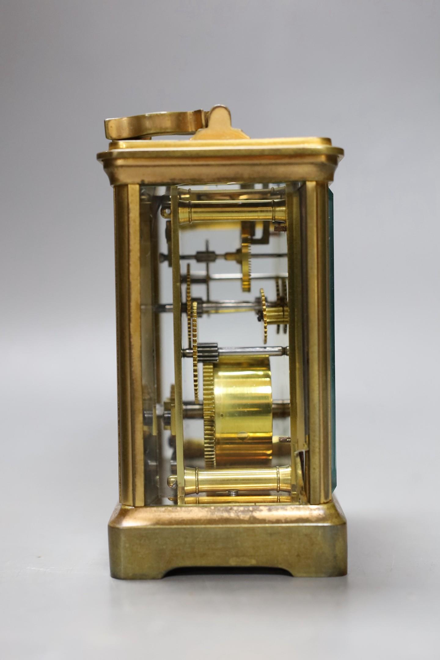 A leather cased brass carriage timepiece. 13cm tall - Image 4 of 5