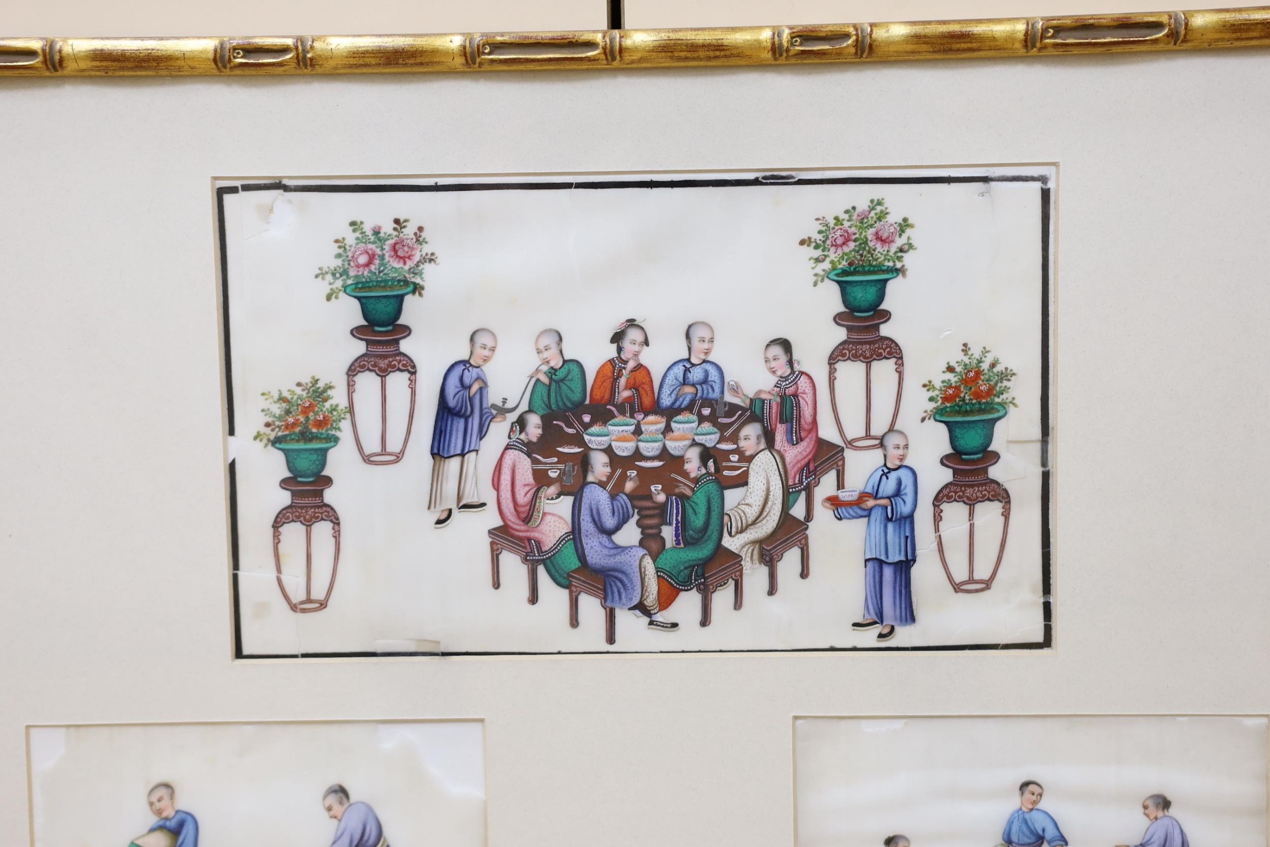 19th century Chinese School, six gouaches on pith paper, Figures around a dining table and other - Image 2 of 4