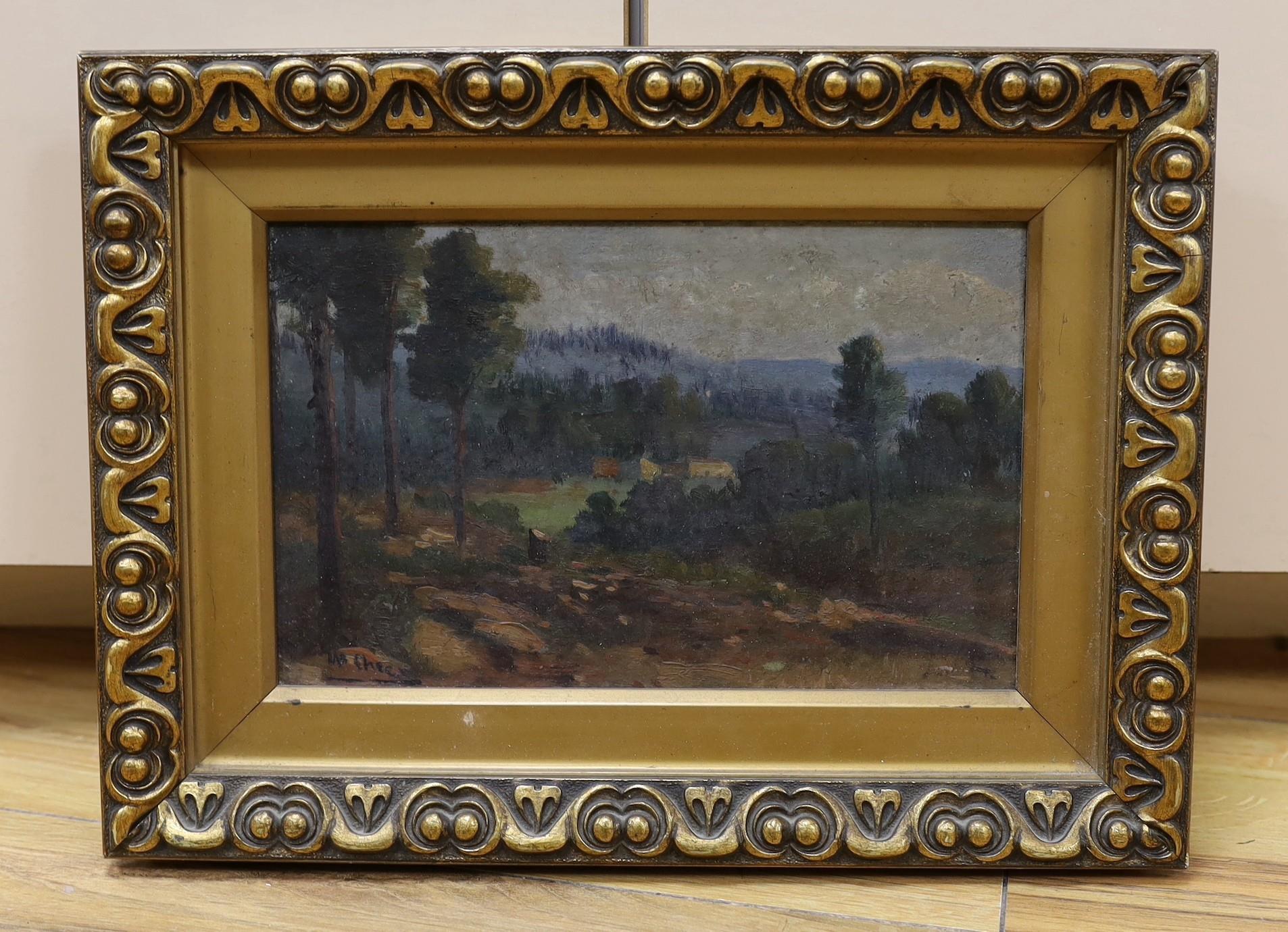 M.S. Checi, oil on wooden panel, Wooded landscape, signed, 15 x 23cm - Image 2 of 3