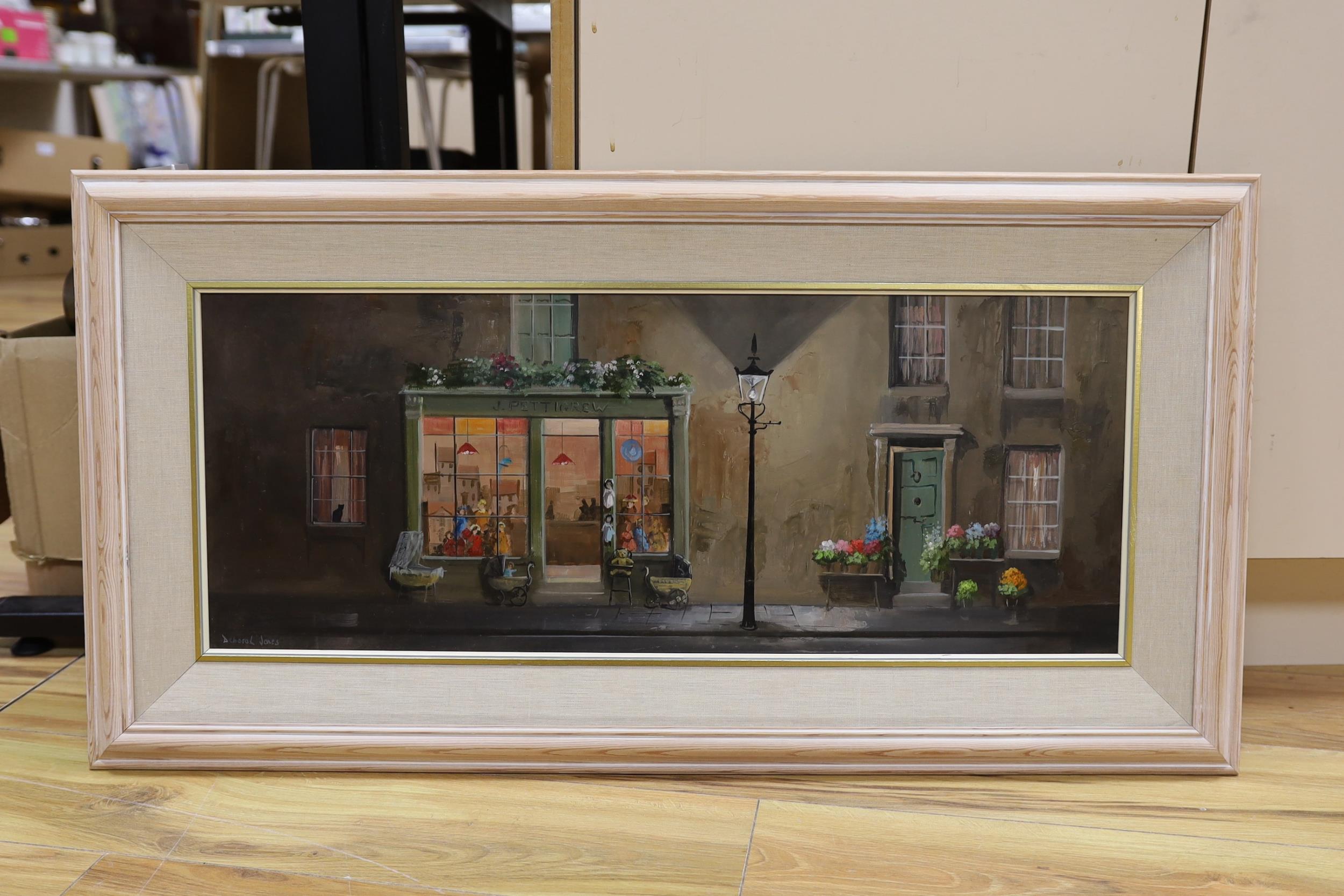 Deborah Jones (1921-2012), oil on panel, 'J Pettigrew's Toy Shop', signed, 29 x 75cm - Image 2 of 3