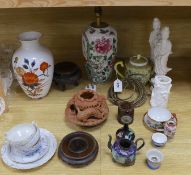 A late 19th century Chinese famille rose lamp (cut down) and other Chinese and Japanese ceramics and