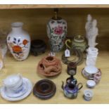 A late 19th century Chinese famille rose lamp (cut down) and other Chinese and Japanese ceramics and