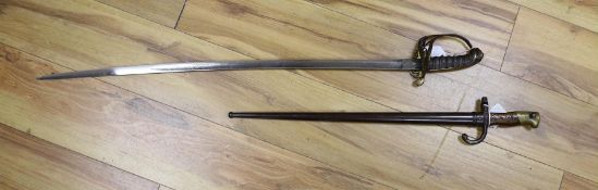 A Victorian officer's sword, lacking sheath, together with a 19th century French ’1877’ bayonet