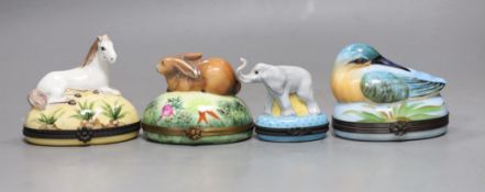 Four Limoges animal boxes, tallest 8cms high