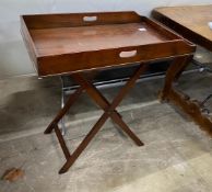 A Victorian style rectangular mahogany butler's tray on folding stand, width 74cm, depth 49cm,