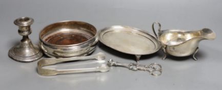 Assorted small silver, including a George V oval teapot stand, a modern mounted wine coaster, pair