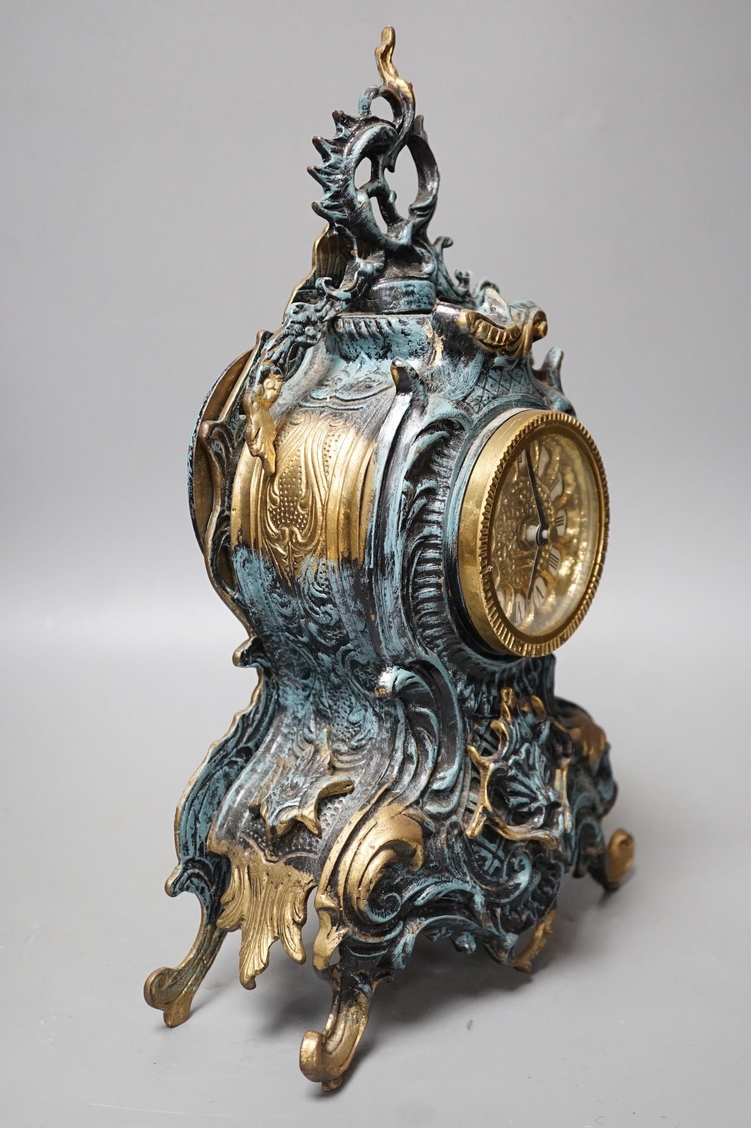 A Louis XV style spelter and parcel gilt mantel timepiece, 37cm - Image 2 of 3