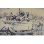 Long Thien Shih (Malaysian, b.1946), watercolour, View of a fishing village, signed and dated