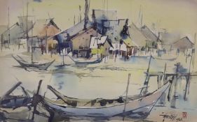 Long Thien Shih (Malaysian, b.1946), watercolour, View of a fishing village, signed and dated