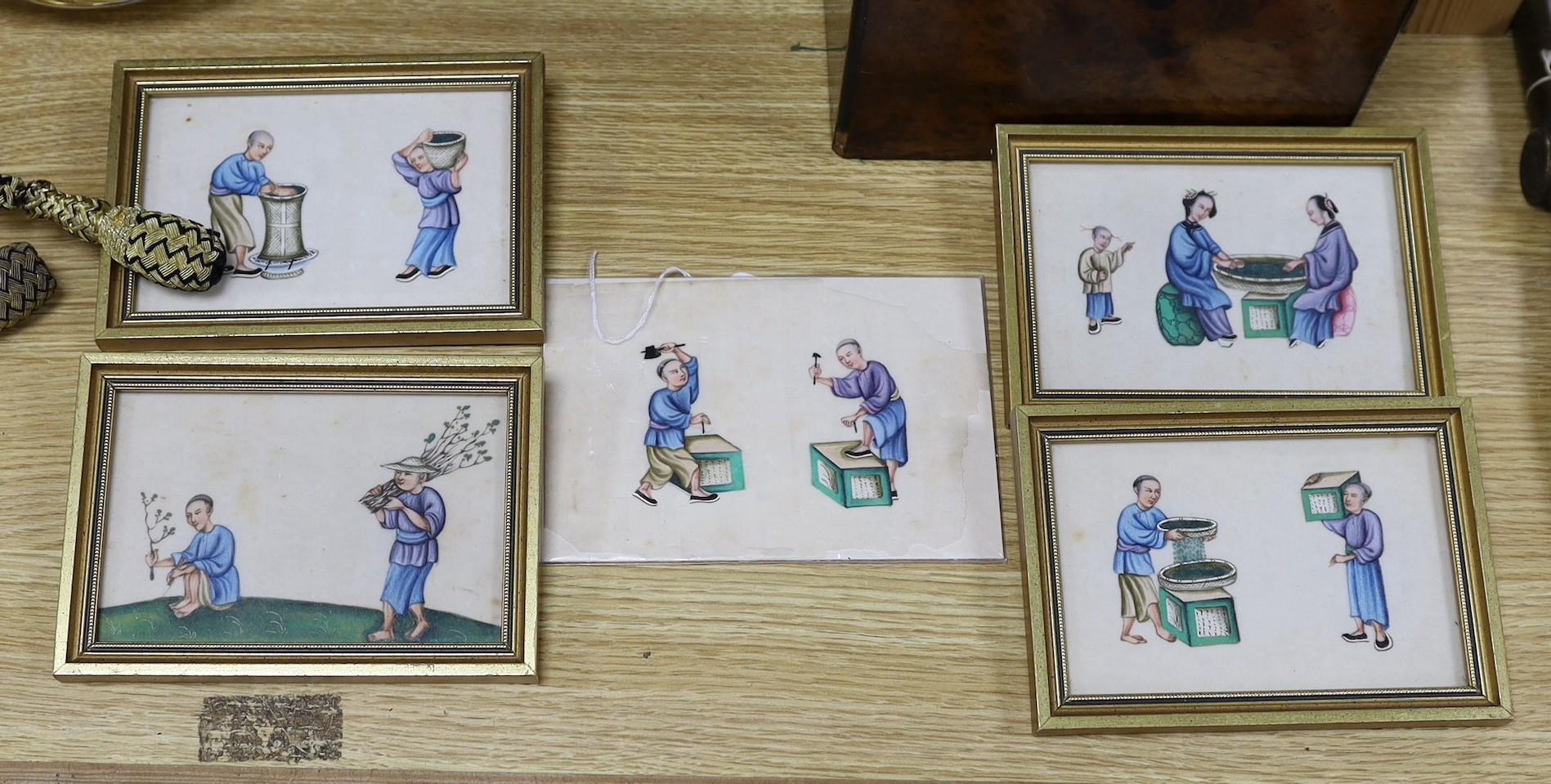 19th century Chinese School, four gouaches on pith paper, Studies of tea pickers, 9.5 x 14cm