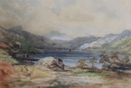 Sir Alfred East RA (1849-1913), watercolour, Lake scene with distant steamer, signed, 16 x 24cm