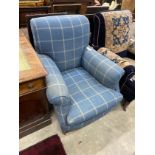 A Victorian upholstered armchair, width 83cm, depth 92cm, height 90cm