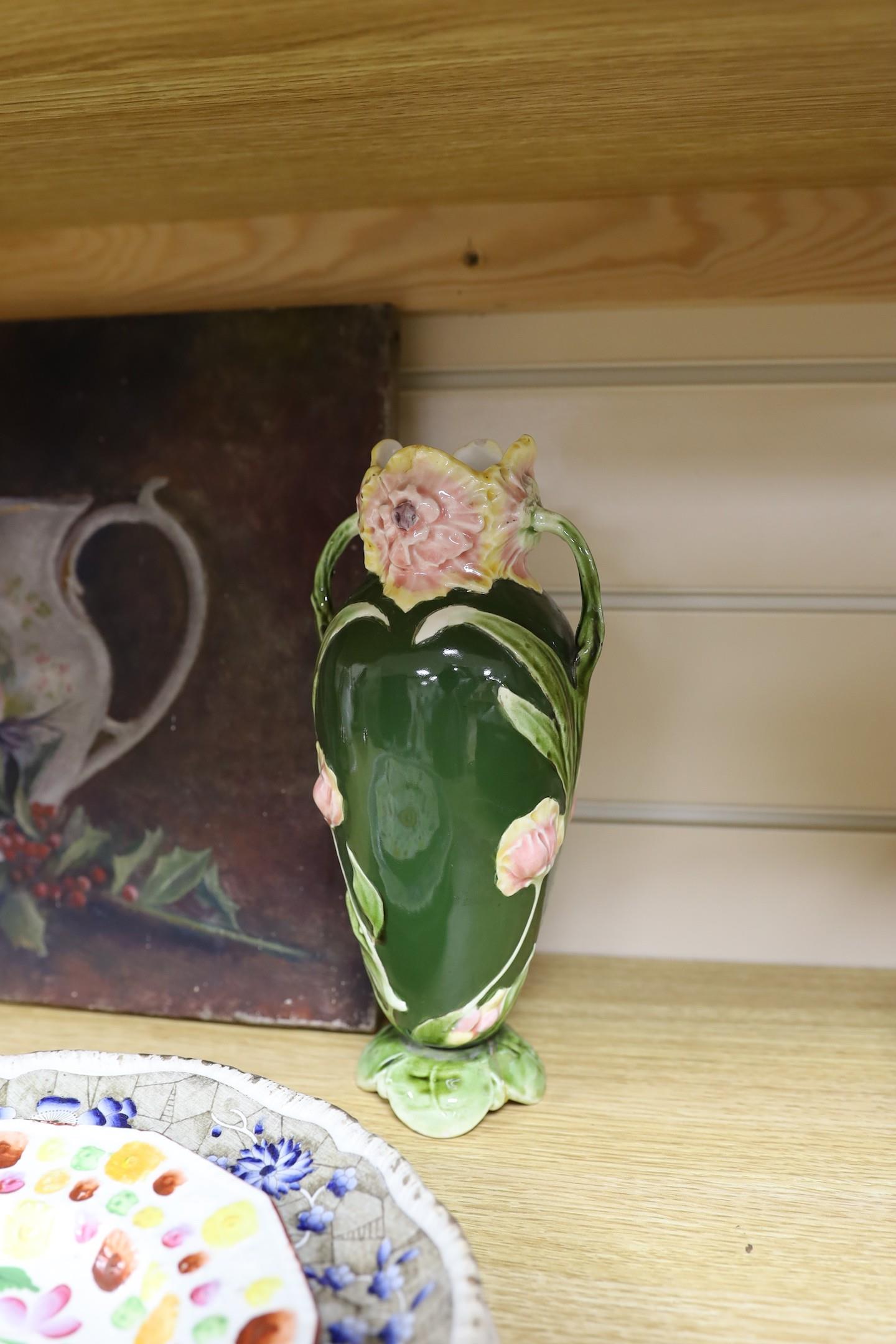 An early Victorian bone china jug, 19.5cm tall, related oil on canvas, three plates and - Image 6 of 7