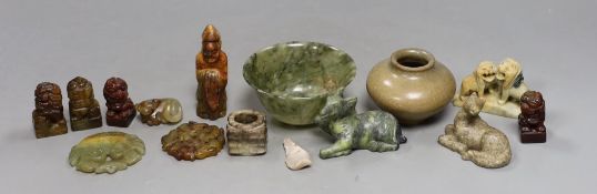 A small Chinese grey and black jade cong, 3.2 cm wide and other various Chinese hardstone and soap