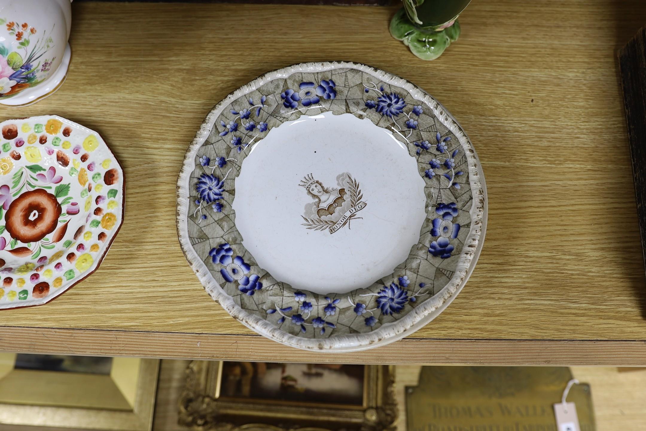 An early Victorian bone china jug, 19.5cm tall, related oil on canvas, three plates and - Image 4 of 7