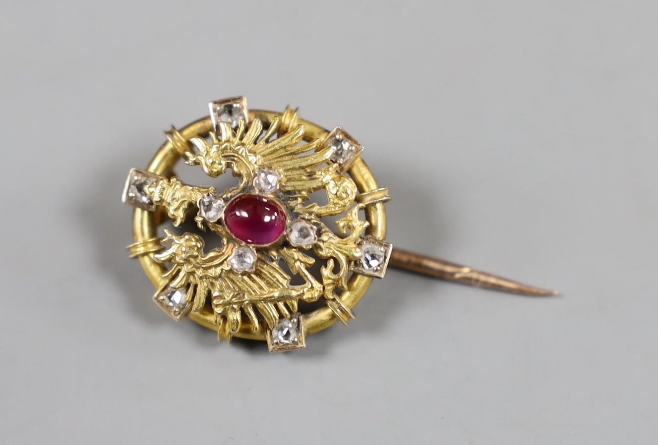 An early 20th century yellow metal, red cabochon and rose cut diamond cluster set short stick pin,