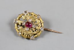 An early 20th century yellow metal, red cabochon and rose cut diamond cluster set short stick pin,