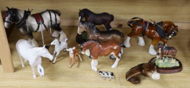 A collection of mixed Beswick, horses, to include cart horses a wall pocket, white glazed horse