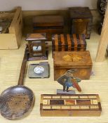 Three 19th century inlaid mahogany tea caddies, a Hakone ware cabinet and assorted treen etc.