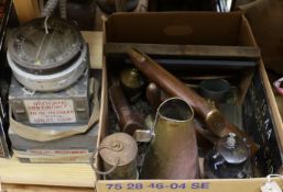 World War Two accessories to include an ARP hand-bell, three compasses and a brass loud-haler