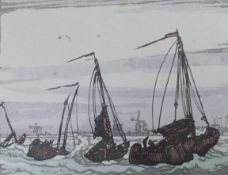 Yoshijiro Urushibara (1888-1953), woodblock print, Dutch barges off the coast, signed in the