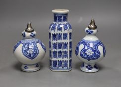 A pair of Chinese Kangxi blue and white rose water sprinklers (cut down) and an unusual 19th century