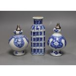 A pair of Chinese Kangxi blue and white rose water sprinklers (cut down) and an unusual 19th century