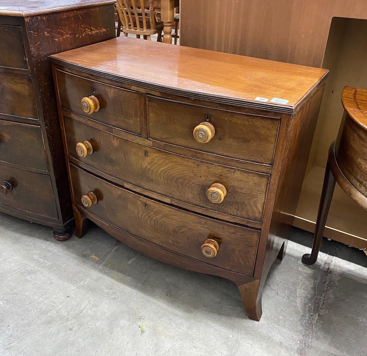 A small Regency mahogany bowfront chest, width 85cm, depth 45cm, height 81cm