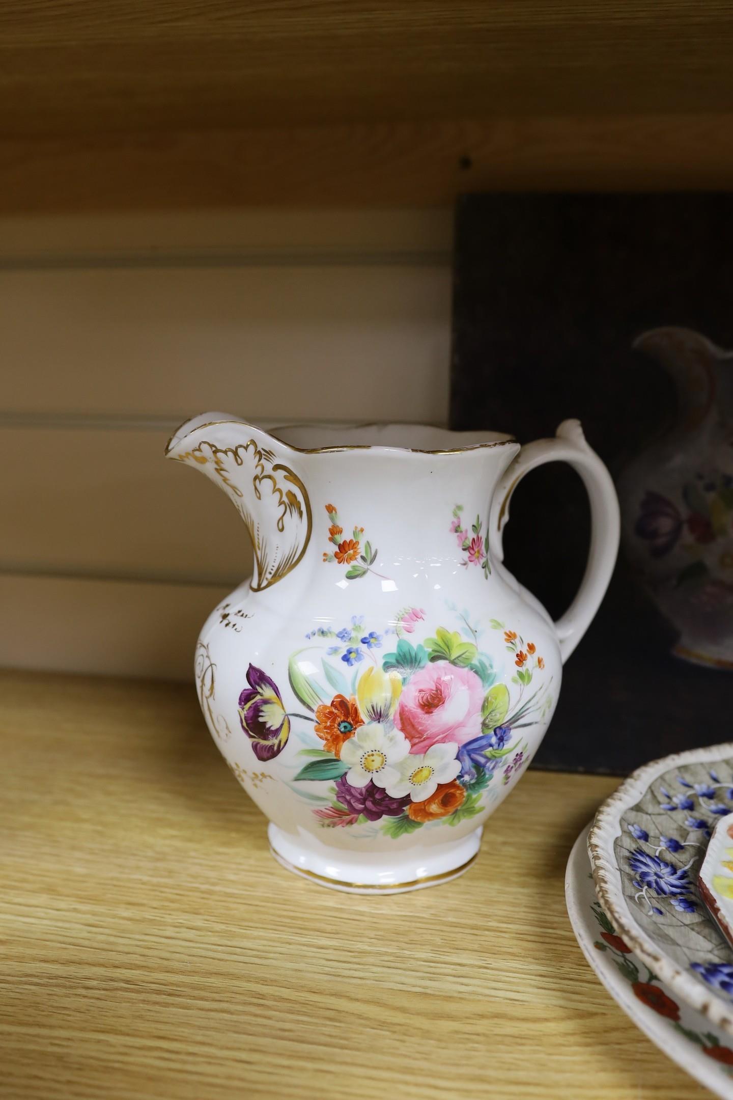 An early Victorian bone china jug, 19.5cm tall, related oil on canvas, three plates and - Image 2 of 7