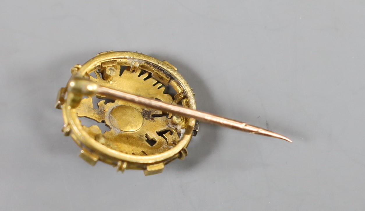 An early 20th century yellow metal, red cabochon and rose cut diamond cluster set short stick pin, - Image 2 of 2
