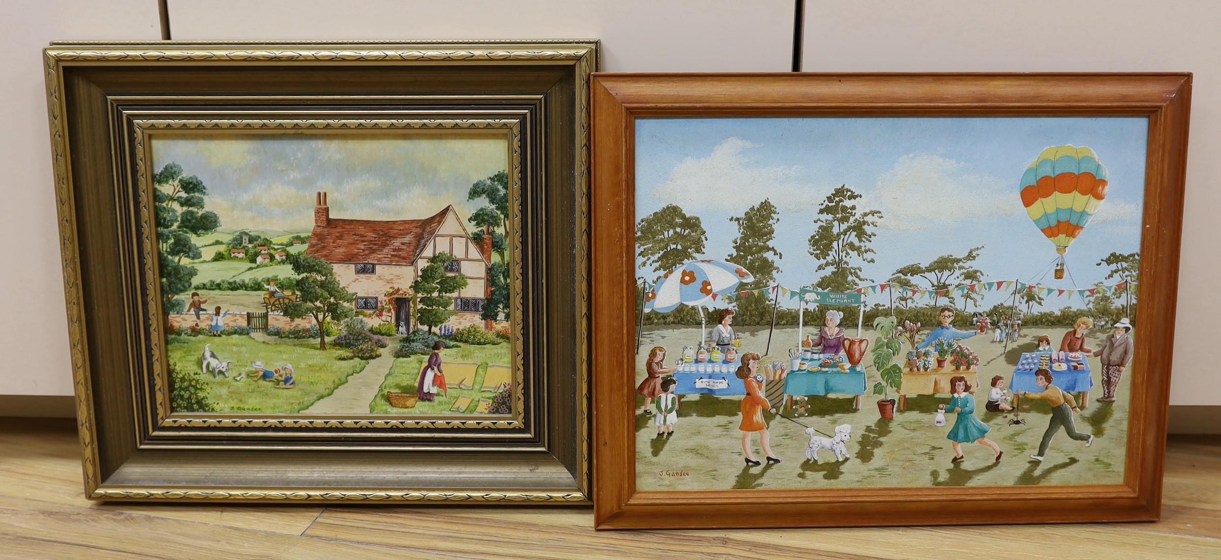 Joyce Gandee, two oils on board, 'Cottage Garden scene' and 'The Village Fete', 23 x 29cm and 30 x