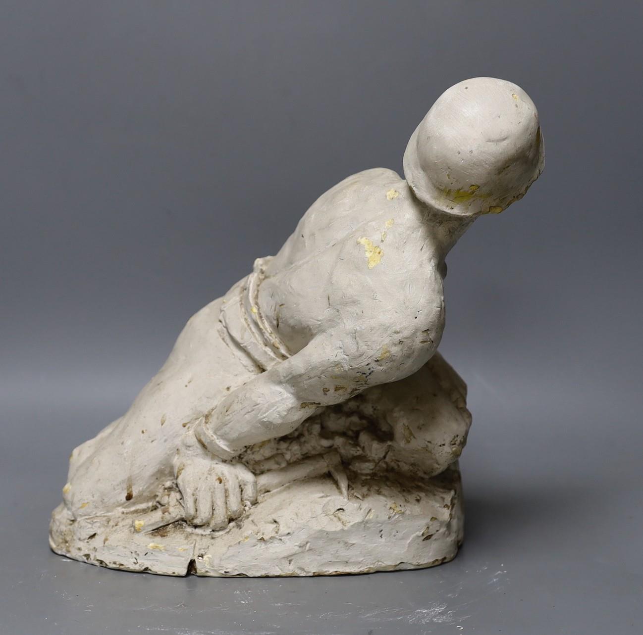 A plaster cast model of a miner, Brutaluit manner, signed L.S Odoarde? 29cm - Image 2 of 2