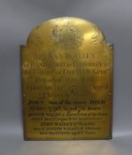 A 19th century engraved brass commemorative plaque to Thomas Walley and sons c.1883, 42.5 cm high