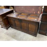 A late 17th century and later country panelled oak coffer, length 126cm, depth 55cm, height 64cm