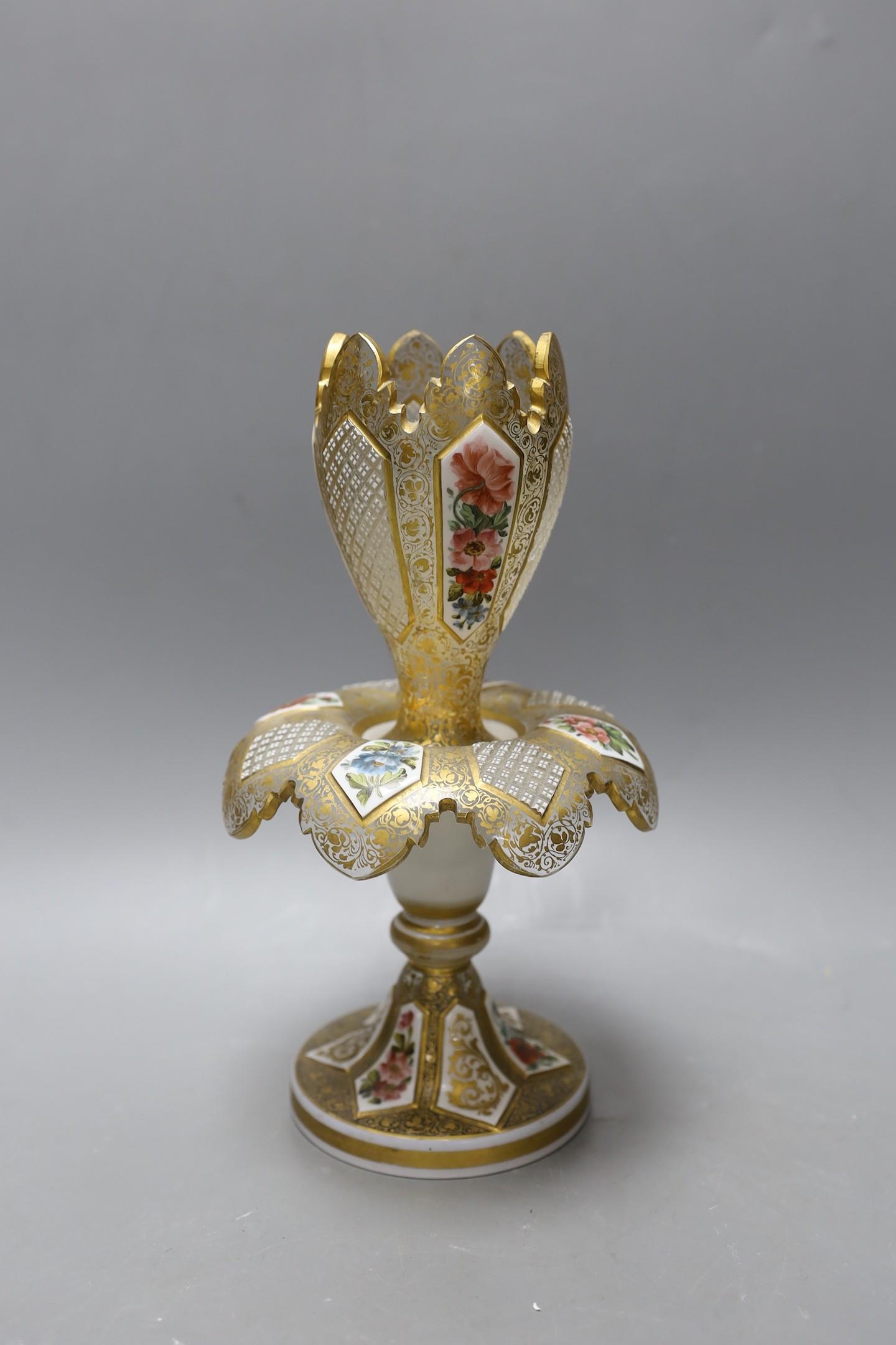 A 19th century Bohemian cut enamelled and gilded glass centrepiece, in two parts, 25cm - Image 2 of 4