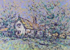 Geoff Marsters (20th C.), pastel, 'Lower Farm Cottages, Spring', Exhibition labels verso, 54 x 74cm