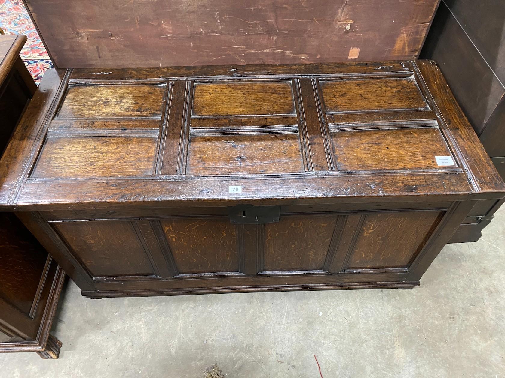 A late 17th century and later country panelled oak coffer, length 126cm, depth 55cm, height 64cm - Image 2 of 3