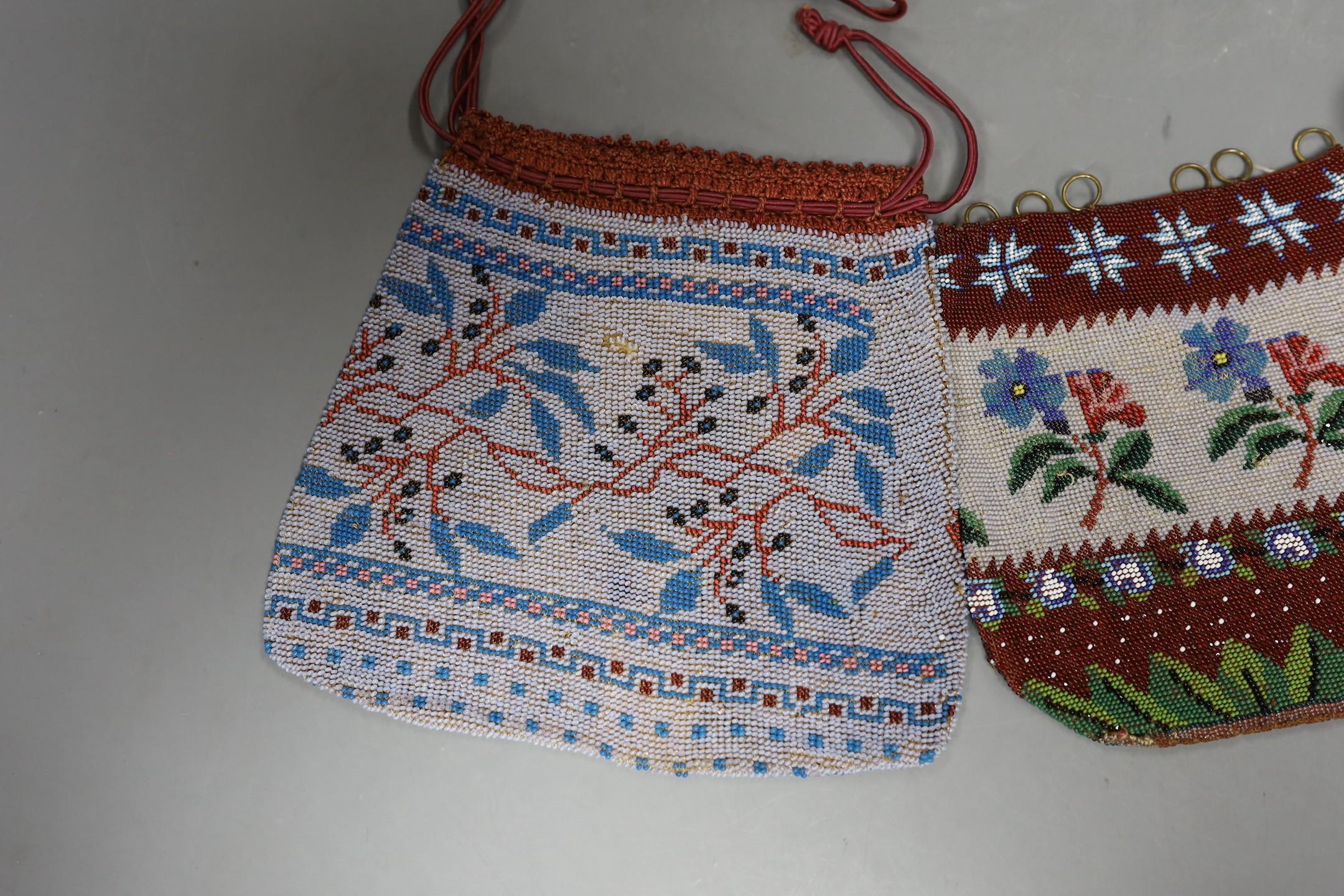 A 19th century bead worked bag with sailing ship design, a similar floral bead worked bag and a - Image 2 of 4