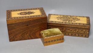 A selection of three Tunbridge ware boxes, to include a rosewood tea caddy, an unusual olivewood